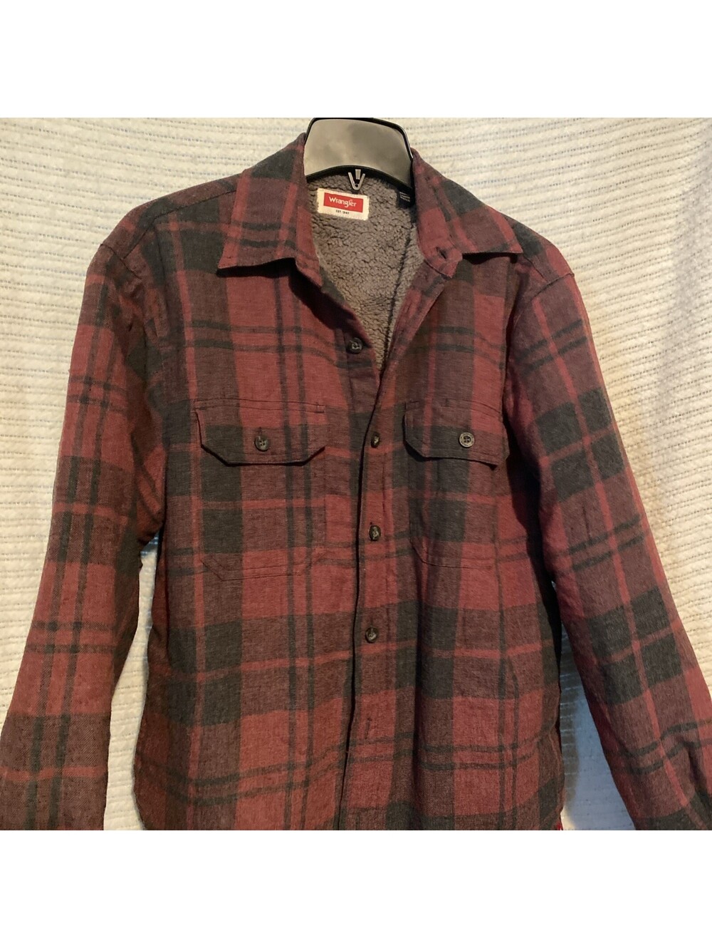 Wrangler Mens Sherpa Lined Plaid Flannel Shirt Jacket Burgundy Gray S